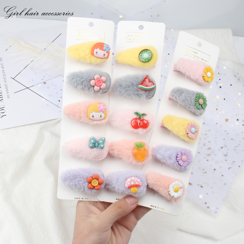5Pcs/Set Slatka mekana plišana kopča za kosu Djevojka Slatka ukosnica Ukras za glavu Dječja modna crtana kopča sa strane Životinje Voće Dodaci za kosu