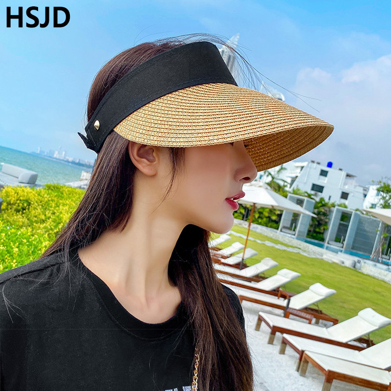 Módne dámske letné prázdne slamené slnečné clony s veľkým okrajom, nastaviteľné dámske slnečné clony, vonkajšie športové plážové klobúky