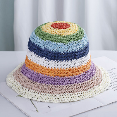 Pălărie de paie pentru femei 2021, curcubeu, croșetat, lucrat manual Panamas, protecție UV, parasolar, pălării de plajă, pentru femei, pălărie de soare pliabilă de vară
