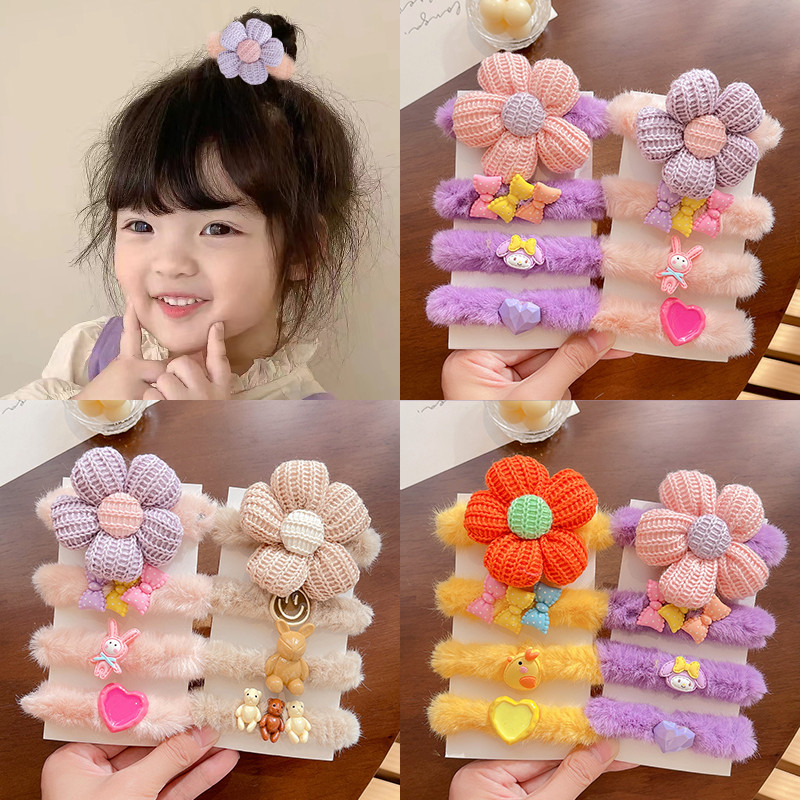 3/4 kom/komplet Gumice za nove djevojke slatke boje od umjetnog krzna Gumice s cvjetićima iz crtića Dječje mekane gumice za kosu Dječji dodaci za kosu