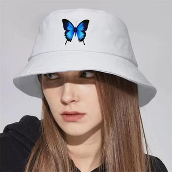 Μπλε πεταλούδα Harajuku Fisherman\'s Hats Αντηλιακό Casual Beach Καπέλο αντηλιακό για υπαίθριο Unisex καπέλο πτυσσόμενο βαμβακερά καπέλα Panama