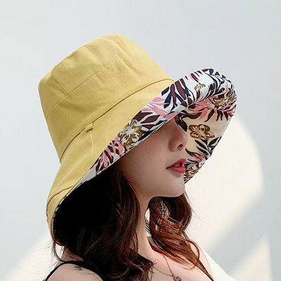 Șapcă de pescar Versiune coreeană de vară pentru femei Tide Parasolar cu bor mare Protecție solară Pălărie de găleată de culoare uni pe două fețe