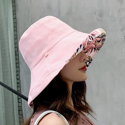 Șapcă de pescar Versiune coreeană de vară pentru femei Tide Parasolar cu bor mare Protecție solară Pălărie de găleată de culoare uni pe două fețe