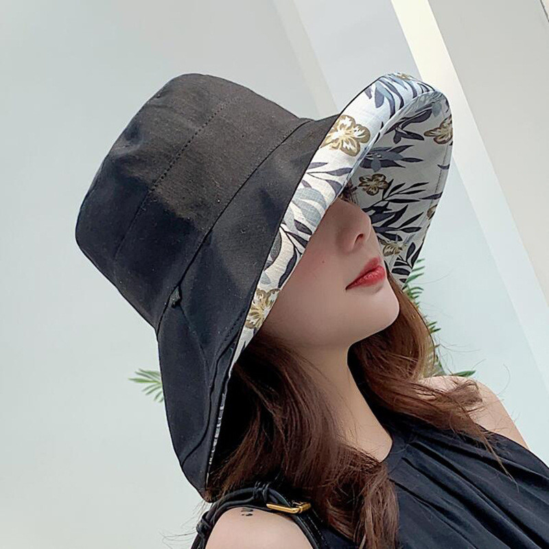Șapcă de pescar Versiune coreeană de vară pentru femei Tide Parasolar cu bor mare Protecție solară Pălărie de găleată de culoare uni pe două fețe