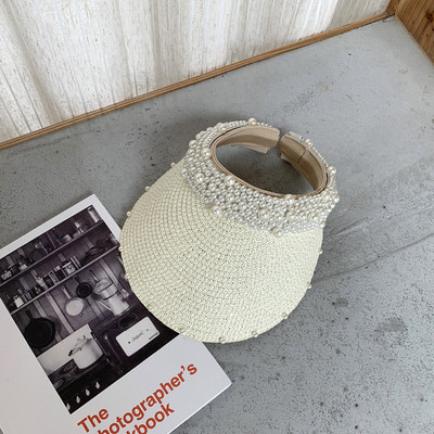 Pălărie de paie goală cu perle pentru femei, pentru ocazional, vară, șapci cu vizor pentru plajă, cu boruri largi, protecție solară, șapcă pentru sport în aer liber, pălării Zomer