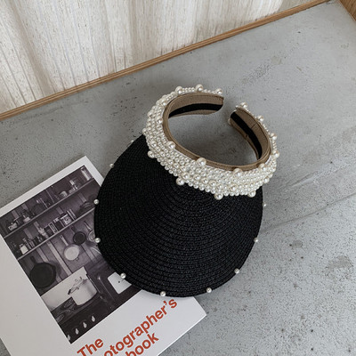 Pălărie de paie goală cu perle pentru femei, pentru ocazional, vară, șapci cu vizor pentru plajă, cu boruri largi, protecție solară, șapcă pentru sport în aer liber, pălării Zomer