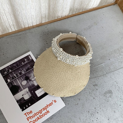 Pălărie de paie goală cu perle pentru femei, pentru ocazional, vară, șapci cu vizor pentru plajă, cu boruri largi, protecție solară, șapcă pentru sport în aer liber, pălării Zomer