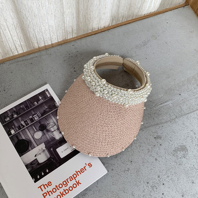 Pălărie de paie goală cu perle pentru femei, pentru ocazional, vară, șapci cu vizor pentru plajă, cu boruri largi, protecție solară, șapcă pentru sport în aer liber, pălării Zomer