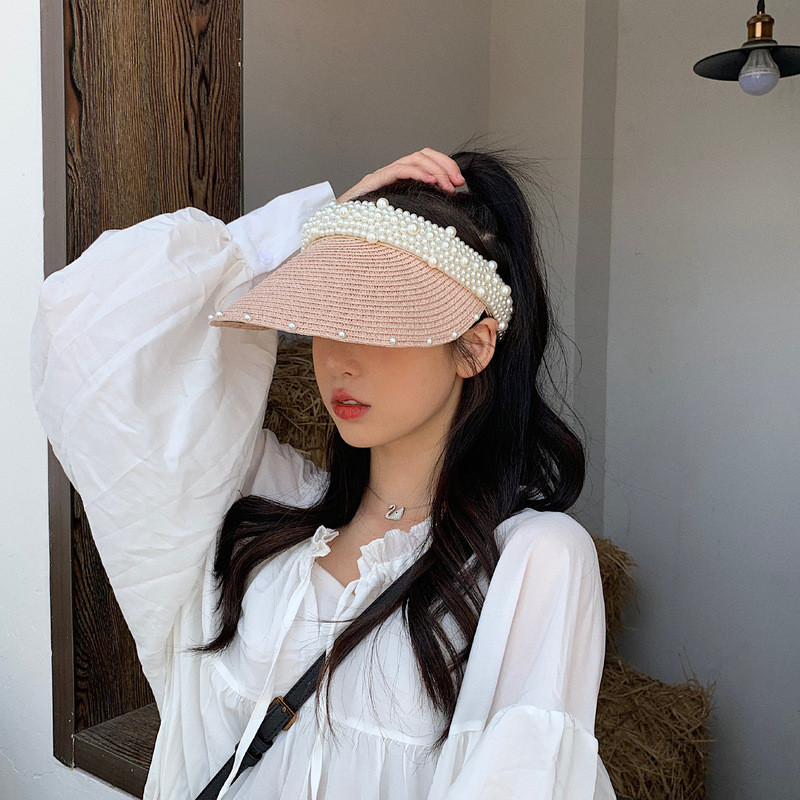 Pălărie de paie goală cu perle pentru femei, pentru ocazional, vară, șapci cu vizor pentru plajă, cu boruri largi, protecție solară, șapcă pentru sport în aer liber, pălării Zomer