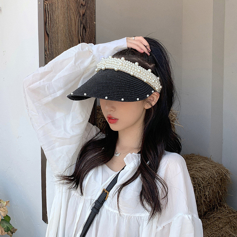 Pălărie de paie goală cu perle pentru femei, pentru ocazional, vară, șapci cu vizor pentru plajă, cu boruri largi, protecție solară, șapcă pentru sport în aer liber, pălării Zomer