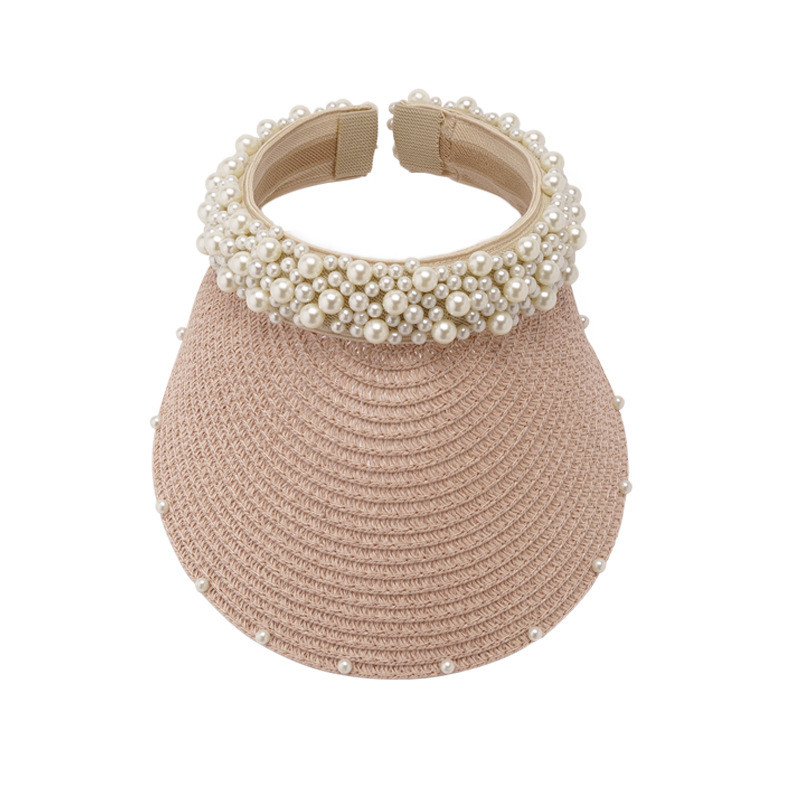 Pălărie de paie goală cu perle pentru femei, pentru ocazional, vară, șapci cu vizor pentru plajă, cu boruri largi, protecție solară, șapcă pentru sport în aer liber, pălării Zomer