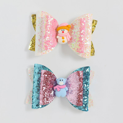 2 bucăți de desene animate de Crăciun Moș Crăciun Om de zăpadă cadou fundita drăguț cu sclipici agrafă de păr paiete accesorii de păr fete copii cleme de păr