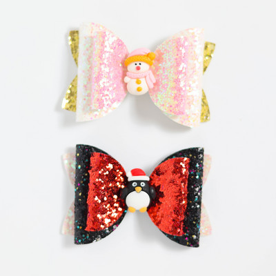 2 bucăți de desene animate de Crăciun Moș Crăciun Om de zăpadă cadou fundita drăguț cu sclipici agrafă de păr paiete accesorii de păr fete copii cleme de păr