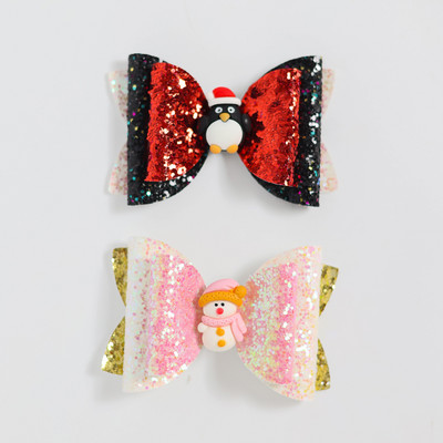 2 bucăți de desene animate de Crăciun Moș Crăciun Om de zăpadă cadou fundita drăguț cu sclipici agrafă de păr paiete accesorii de păr fete copii cleme de păr