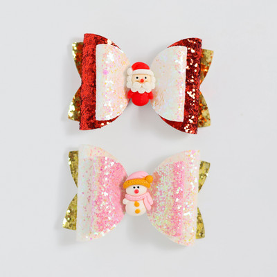 2 bucăți de desene animate de Crăciun Moș Crăciun Om de zăpadă cadou fundita drăguț cu sclipici agrafă de păr paiete accesorii de păr fete copii cleme de păr
