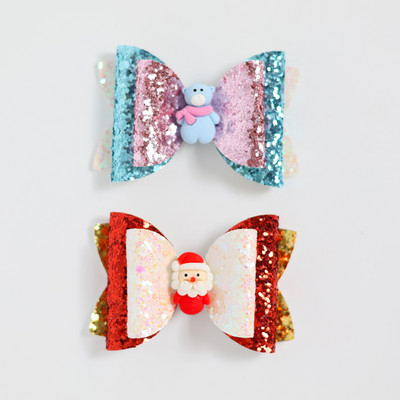 2 bucăți de desene animate de Crăciun Moș Crăciun Om de zăpadă cadou fundita drăguț cu sclipici agrafă de păr paiete accesorii de păr fete copii cleme de păr