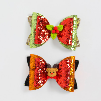 2 bucăți de desene animate de Crăciun Moș Crăciun Om de zăpadă cadou fundita drăguț cu sclipici agrafă de păr paiete accesorii de păr fete copii cleme de păr