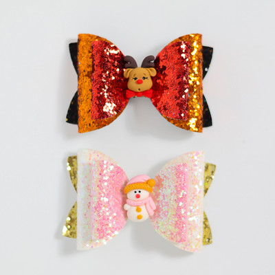 2 bucăți de desene animate de Crăciun Moș Crăciun Om de zăpadă cadou fundita drăguț cu sclipici agrafă de păr paiete accesorii de păr fete copii cleme de păr