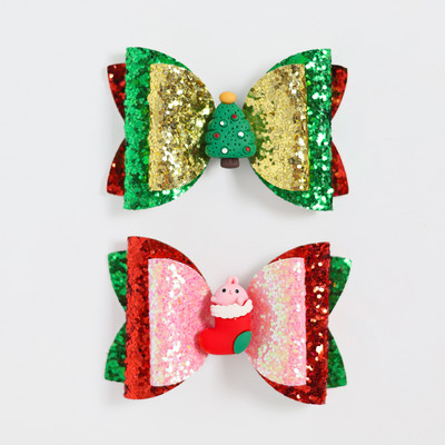 2 bucăți de desene animate de Crăciun Moș Crăciun Om de zăpadă cadou fundita drăguț cu sclipici agrafă de păr paiete accesorii de păr fete copii cleme de păr