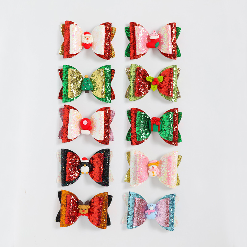 2 bucăți de desene animate de Crăciun Moș Crăciun Om de zăpadă cadou fundita drăguț cu sclipici agrafă de păr paiete accesorii de păr fete copii cleme de păr