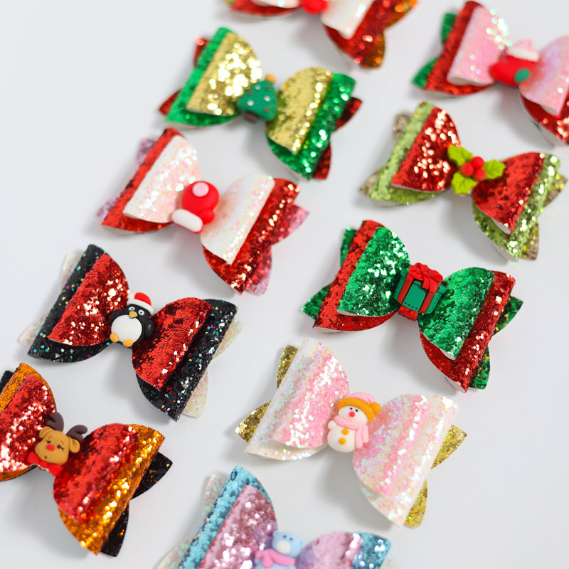 2 bucăți de desene animate de Crăciun Moș Crăciun Om de zăpadă cadou fundita drăguț cu sclipici agrafă de păr paiete accesorii de păr fete copii cleme de păr