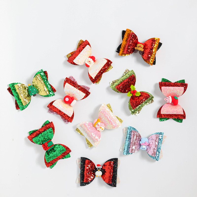 2 bucăți de desene animate de Crăciun Moș Crăciun Om de zăpadă cadou fundita drăguț cu sclipici agrafă de păr paiete accesorii de păr fete copii cleme de păr