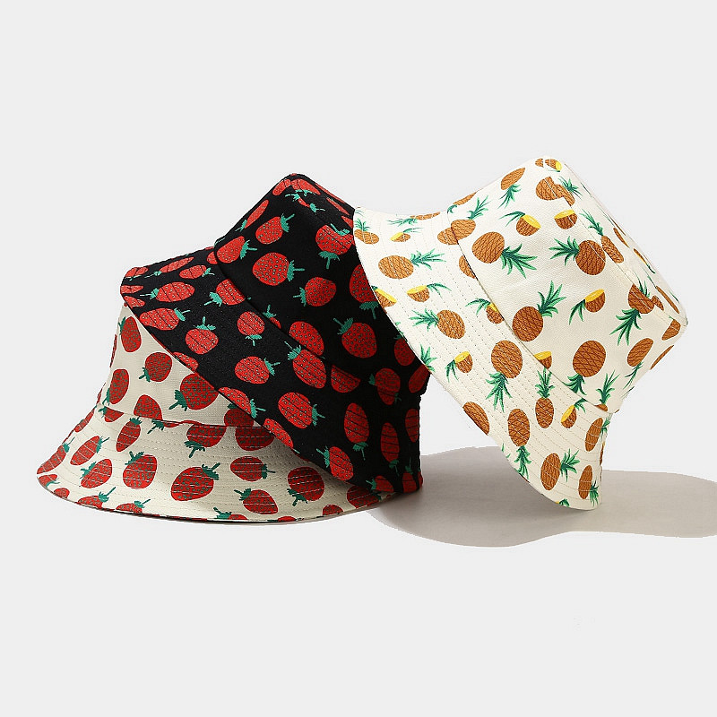 Nový roztomilý jahodový klobúk s potlačou ananásu, rybársky klobúk, opaľovací krém, ochrana pred slnkom, vonkajší obojstranný letný klobúk Panama