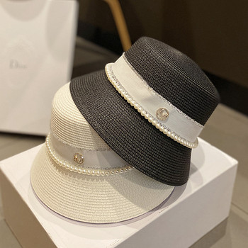 Νέα γυναικεία καπέλα για τον ήλιο Καλοκαιρινό κομψό καπέλο με μαργαριταρένιο φιόγκο Ψάθινο καπέλο μόδας πτυσσόμενο καπέλο σκάφος Καπέλο για διακοπές Audrey Hepburn