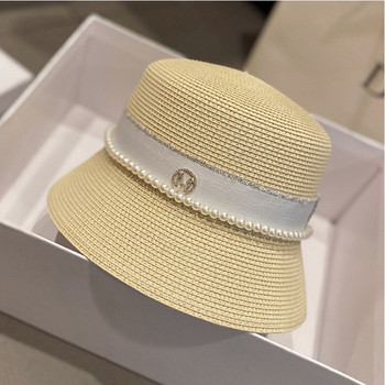 Нови дамски шапки за слънце Лятна елегантна сламена шапка с перлена лък Модна сгъваема шапка с лодка Шапка Празнична плажна шапка на Одри Хепбърн
