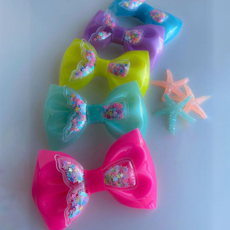 ncmama 3 inch funde cu coadă de pește cu jeleu Funde de păr impermeabile de vară Arce drăguțe de păr pentru fete Mini fundă de culoare solidă pentru copii