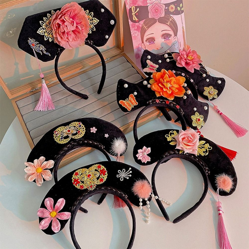 Fejfedők Bow Princess Headhoop Virág Ősi stílusú fejfedők Hanfu Hajkarika kínai stílusú fejfedők Antik fejpánt