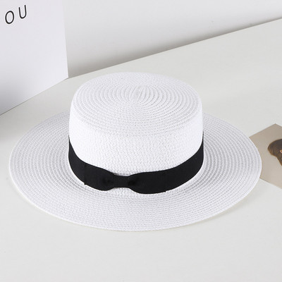 Pălărie de paie casual pentru femei, vară, retro, cu umbră plată, cu protecție solară, pălărie de plajă, cu fundă mică de călătorie