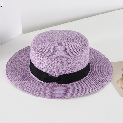 Pălărie de paie casual pentru femei, vară, retro, cu umbră plată, cu protecție solară, pălărie de plajă, cu fundă mică de călătorie