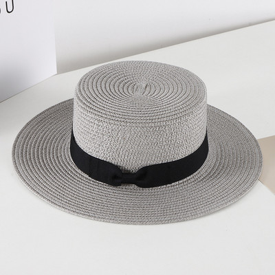 Pălărie de paie casual pentru femei, vară, retro, cu umbră plată, cu protecție solară, pălărie de plajă, cu fundă mică de călătorie