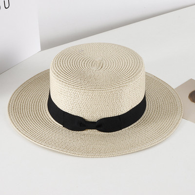 Pălărie de paie casual pentru femei, vară, retro, cu umbră plată, cu protecție solară, pălărie de plajă, cu fundă mică de călătorie