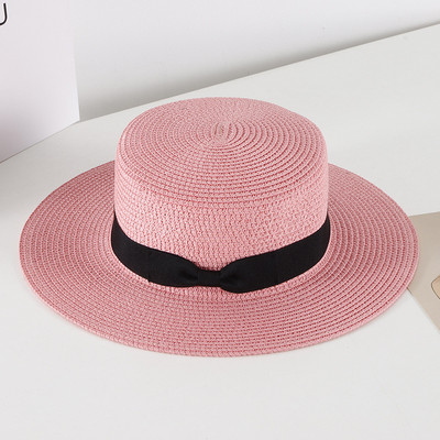 Pălărie de paie casual pentru femei, vară, retro, cu umbră plată, cu protecție solară, pălărie de plajă, cu fundă mică de călătorie