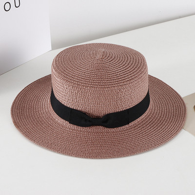 Pălărie de paie casual pentru femei, vară, retro, cu umbră plată, cu protecție solară, pălărie de plajă, cu fundă mică de călătorie