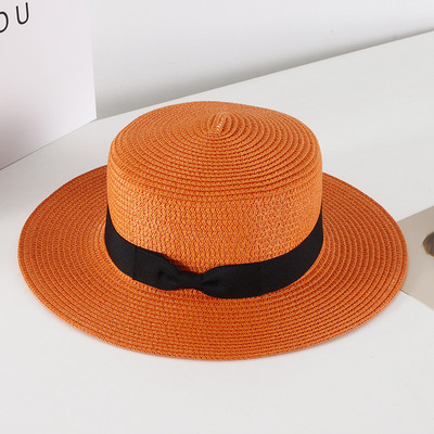 Pălărie de paie casual pentru femei, vară, retro, cu umbră plată, cu protecție solară, pălărie de plajă, cu fundă mică de călătorie