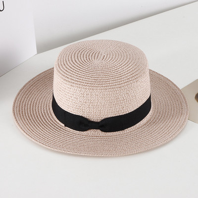 Pălărie de paie casual pentru femei, vară, retro, cu umbră plată, cu protecție solară, pălărie de plajă, cu fundă mică de călătorie