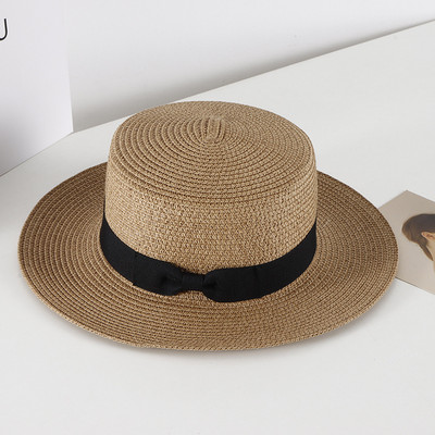 Pălărie de paie casual pentru femei, vară, retro, cu umbră plată, cu protecție solară, pălărie de plajă, cu fundă mică de călătorie