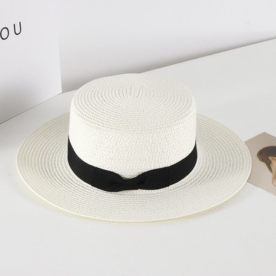 Pălărie de paie casual pentru femei, vară, retro, cu umbră plată, cu protecție solară, pălărie de plajă, cu fundă mică de călătorie