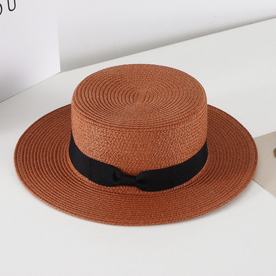 Pălărie de paie casual pentru femei, vară, retro, cu umbră plată, cu protecție solară, pălărie de plajă, cu fundă mică de călătorie