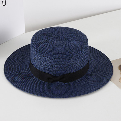 Pălărie de paie casual pentru femei, vară, retro, cu umbră plată, cu protecție solară, pălărie de plajă, cu fundă mică de călătorie