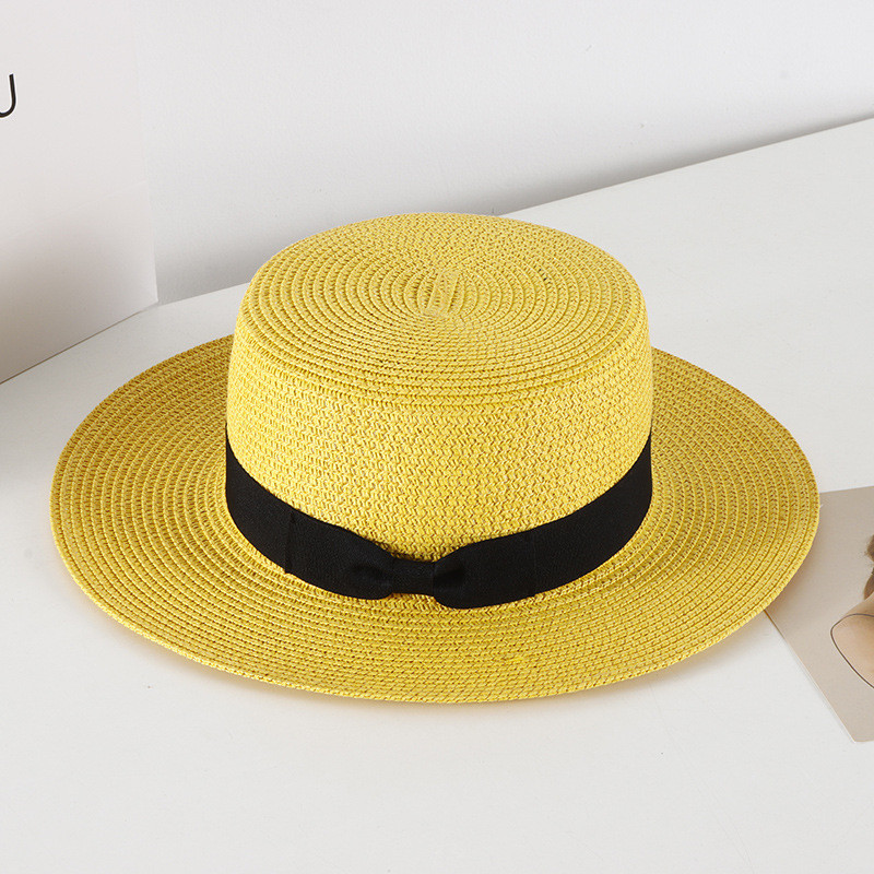 Pălărie de paie casual pentru femei, vară, retro, cu umbră plată, cu protecție solară, pălărie de plajă, cu fundă mică de călătorie