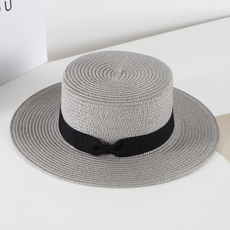 Pălărie de paie casual pentru femei, vară, retro, cu umbră plată, cu protecție solară, pălărie de plajă, cu fundă mică de călătorie