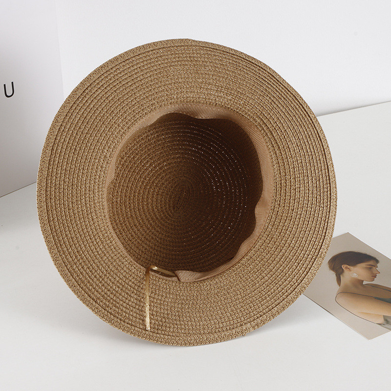 Pălărie de paie casual pentru femei, vară, retro, cu umbră plată, cu protecție solară, pălărie de plajă, cu fundă mică de călătorie