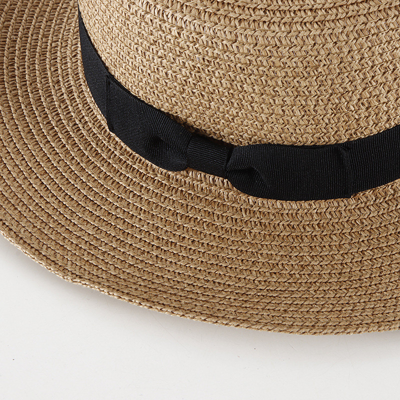 Pălărie de paie casual pentru femei, vară, retro, cu umbră plată, cu protecție solară, pălărie de plajă, cu fundă mică de călătorie