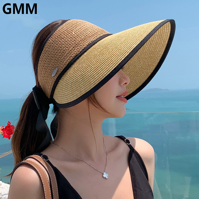 Női nyári nagy, széles karimájú, összecsukható üres felső napvédő sapka, állítható Bowknot strand napvédő szalmakalap napvédő floppy napellenző sapka