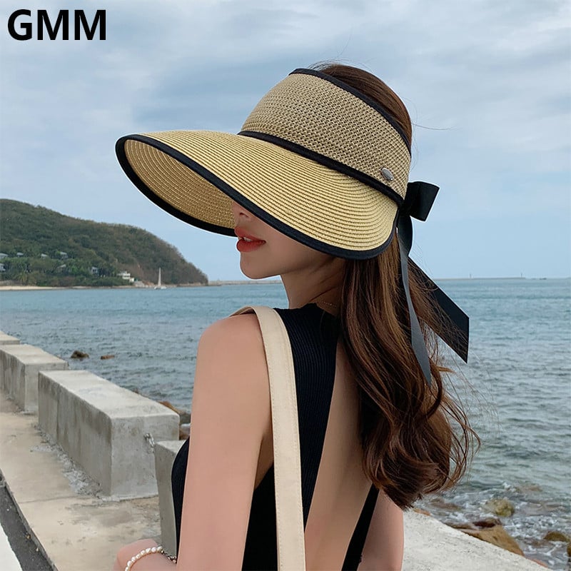 Női nyári nagy, széles karimájú, összecsukható üres felső napvédő sapka, állítható Bowknot strand napvédő szalmakalap napvédő floppy napellenző sapka