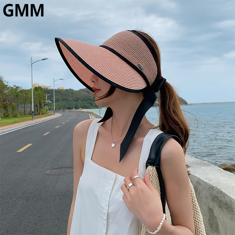 Női nyári nagy, széles karimájú, összecsukható üres felső napvédő sapka, állítható Bowknot strand napvédő szalmakalap napvédő floppy napellenző sapka